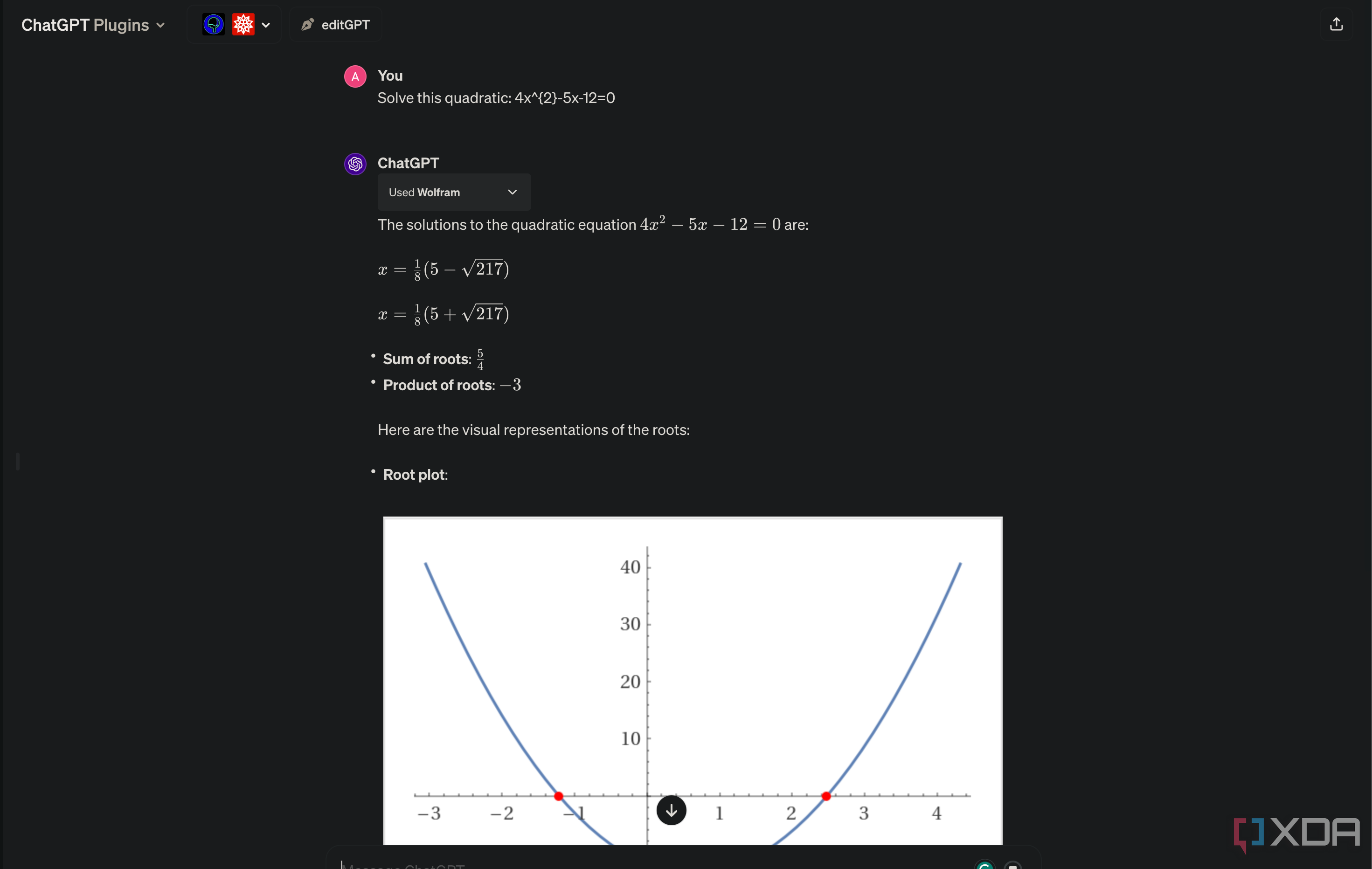 Plugin Wolfram ChatGPT para resolver una ecuación cuadrática