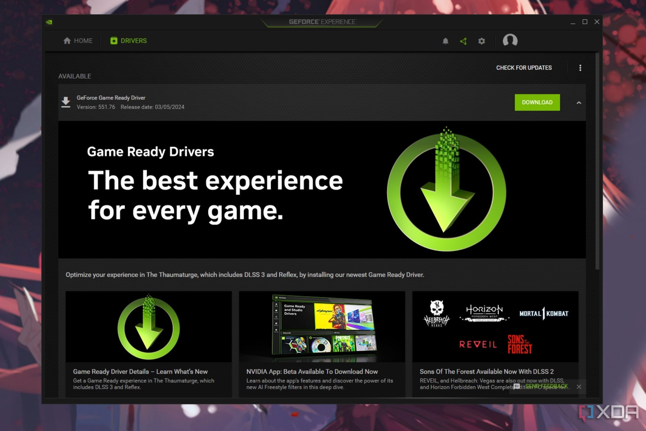 A screenshot showing Nvidia GeForce Experience utility running on Windows.