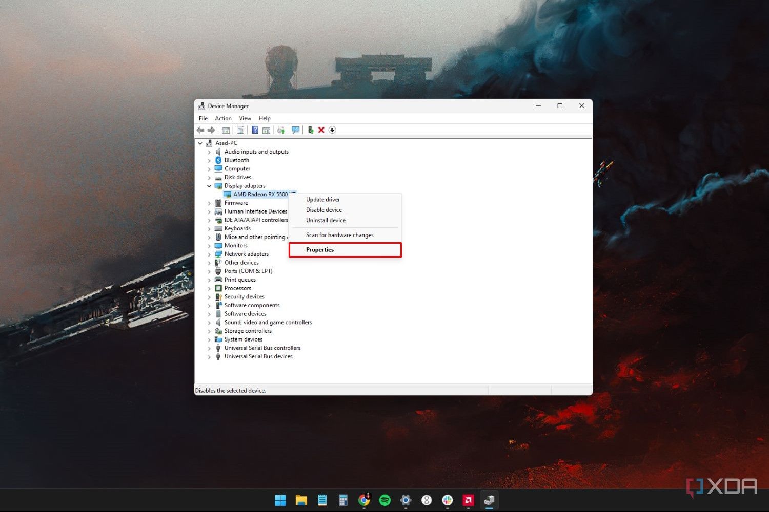Windows 11 screenshot that highlights the Properties tab for an AMD display adapter within Device Manager.