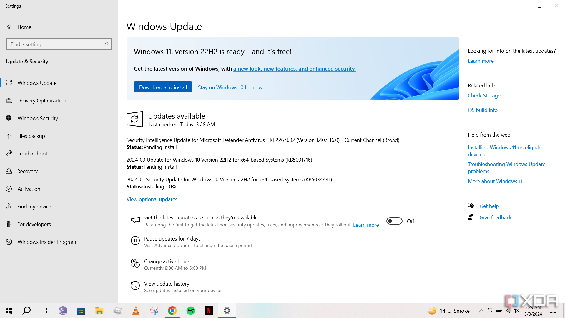 Cumulative updates being shown on a Windows 10 installation in the Windows Update Settings window