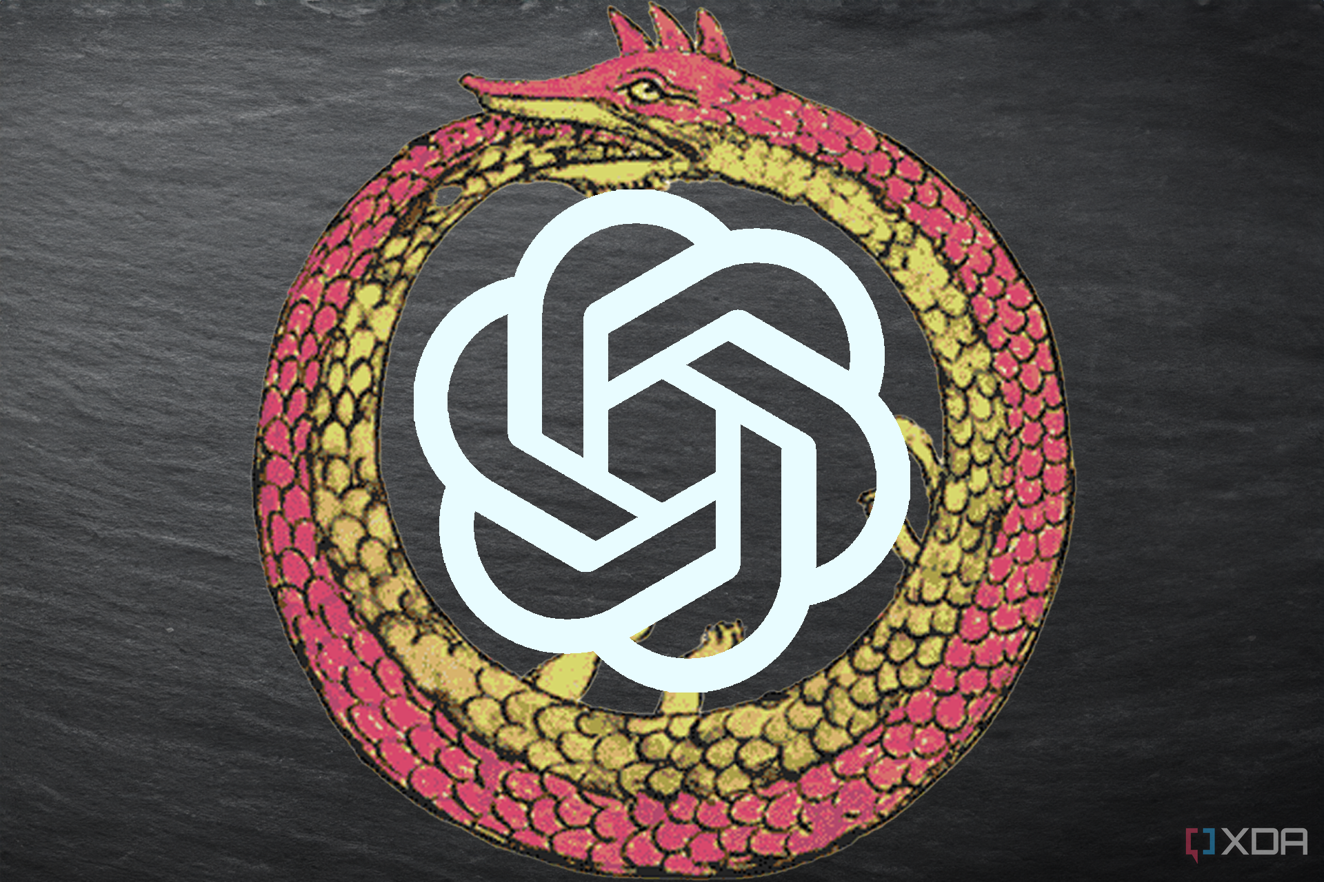 The ChatGPT logo inside of an ouroboros, on a slate background