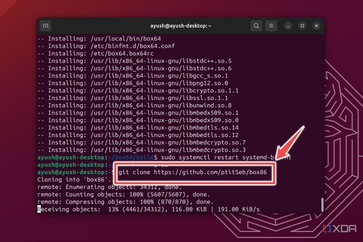 La terminal de Ubuntu con el comando utilizado para clonar el repositorio Box86 resaltado