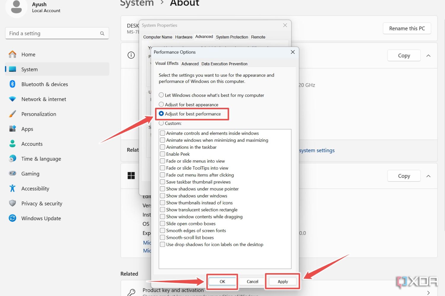 El procedimiento para desactivar todos los efectos visuales en Windows 11