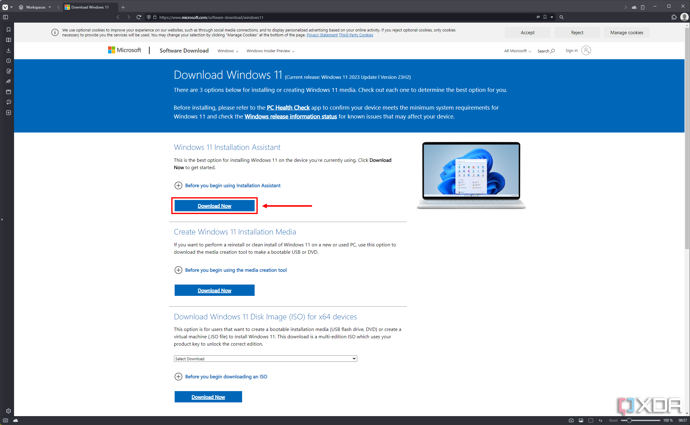 Screenshot of Windows 11 download page with a Download Now button highlighted