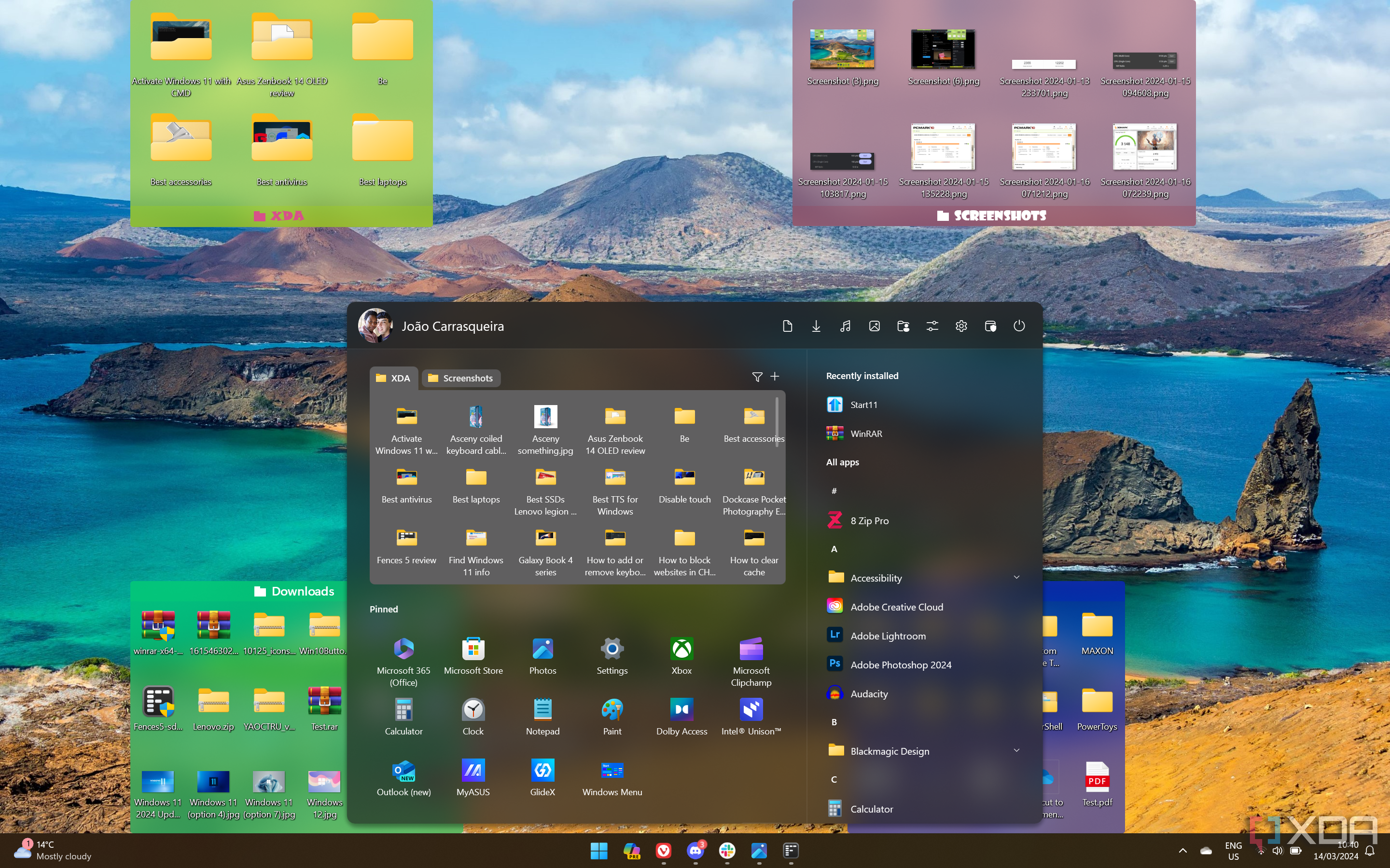 Captura de pantalla de un escritorio de Windows 11 que muestra varias vallas y el menú Inicio de Inicio11