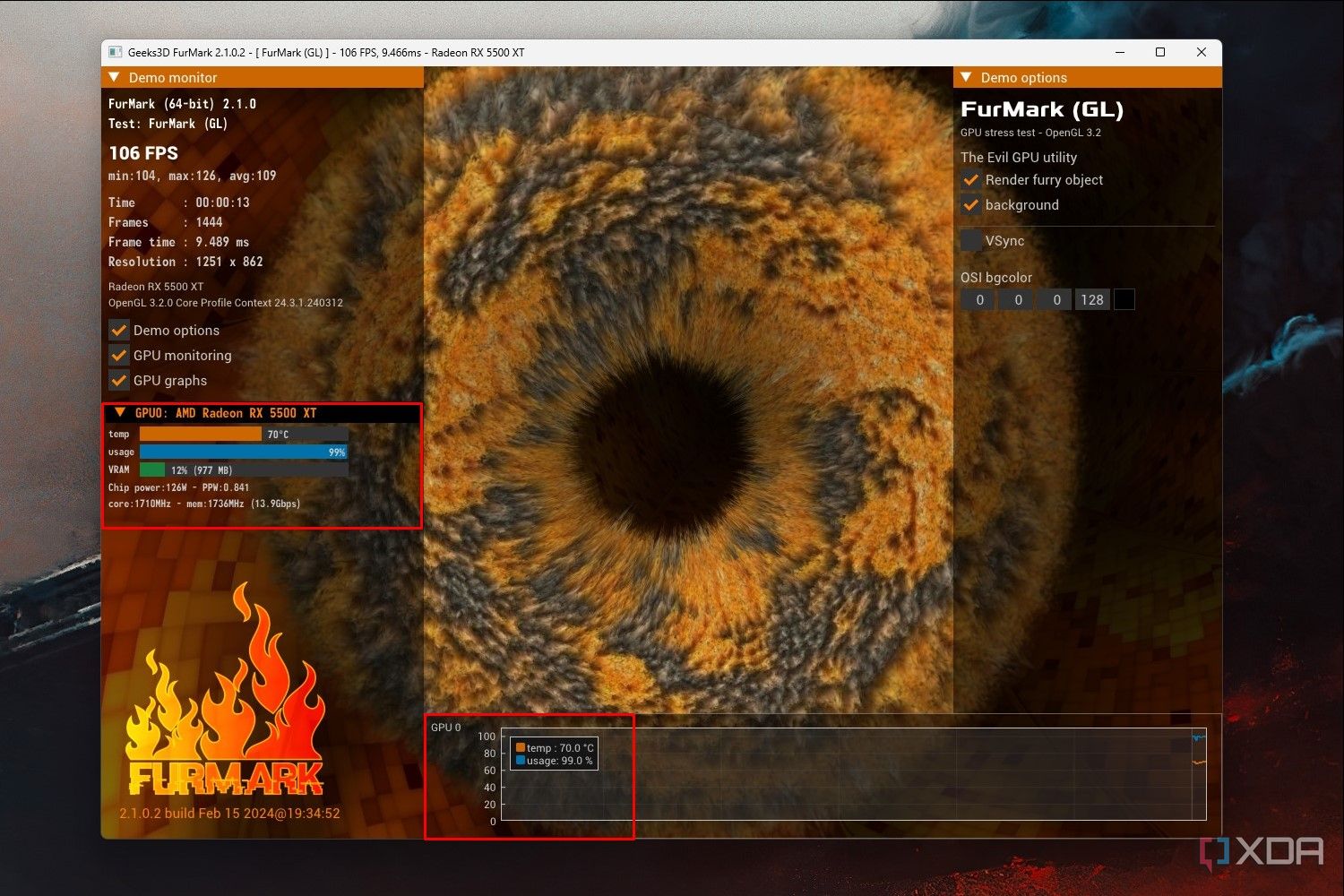 Captura de pantalla de Windows 11 que muestra una prueba de Furmark realizada en una AMD Radeon RX 5500 XT.