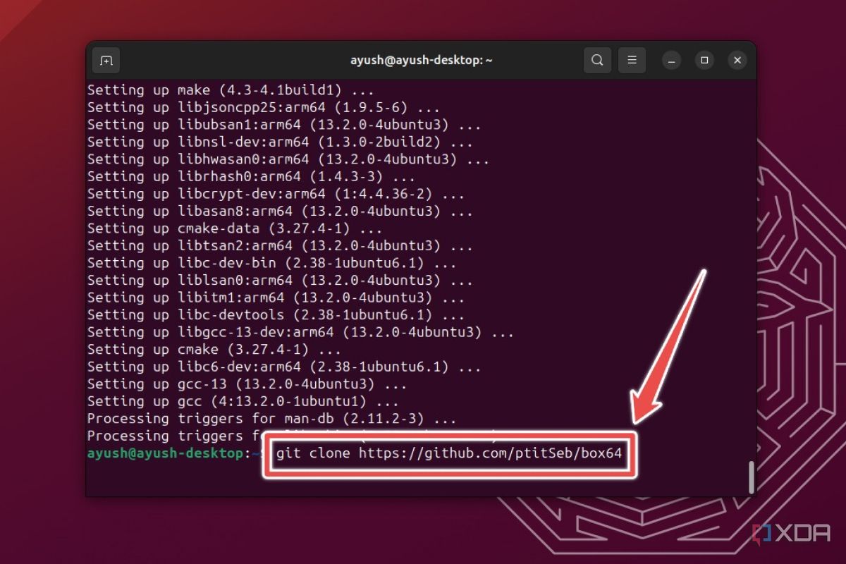 La terminal de Ubuntu que muestra el comando para clonar el repositorio de Box64