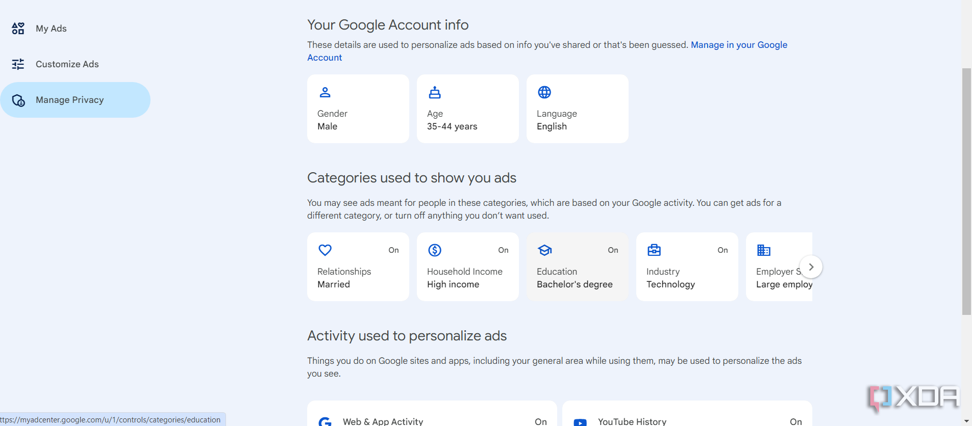 Google account page that shows how your ads are personalized.