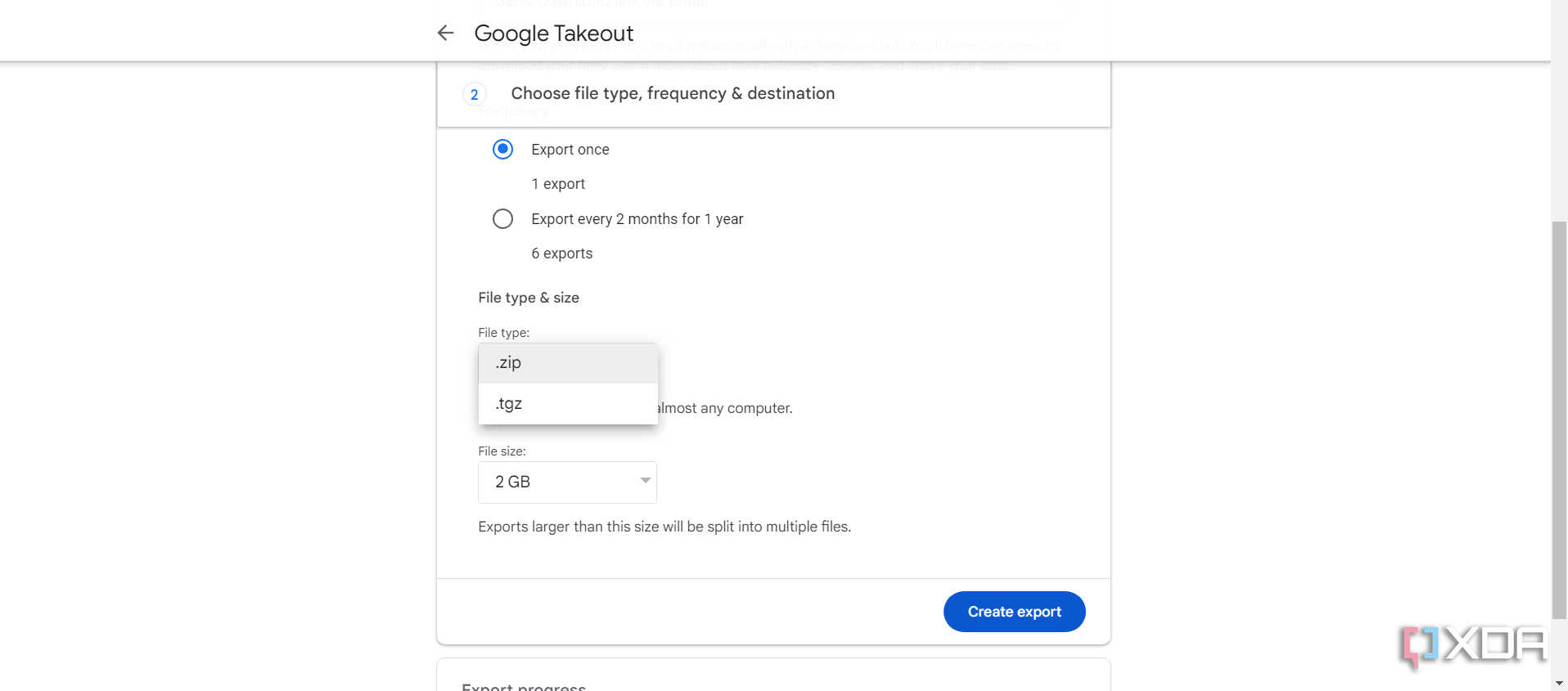 Selecting file format for data exported through Google Takeout