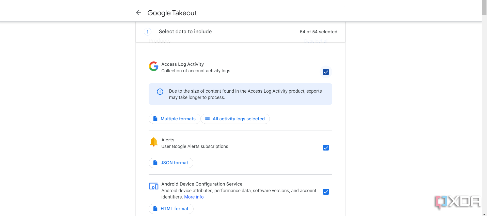 Selecting data to export via Google Takeout