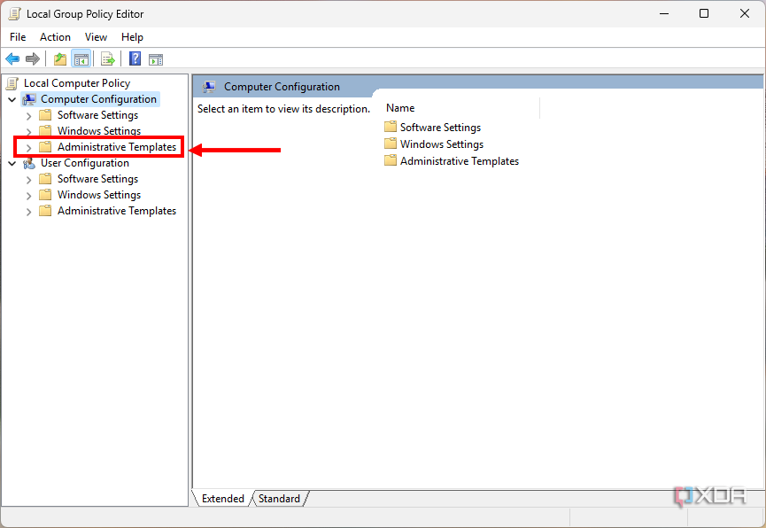 Screenshot of Group Policy Editor with the Administrative Templates option highlighted