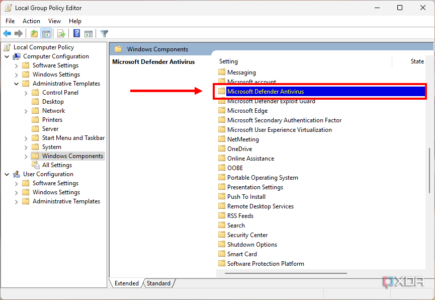 Screenshot of Group Policy Editor with the Microsoft Defender antirivrus folder highlighted