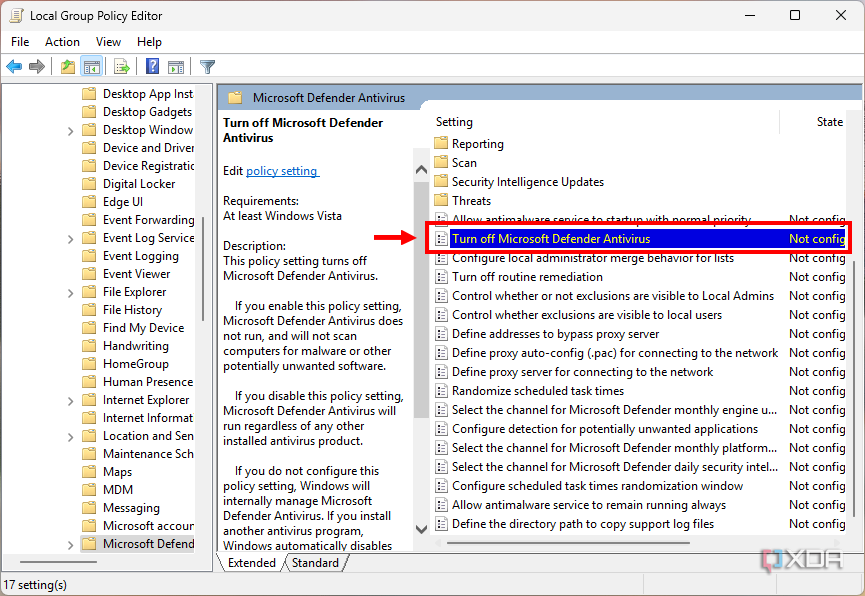 Screenshot of Group Policy Editor with the option to turn off Microsoft Defender highlighted