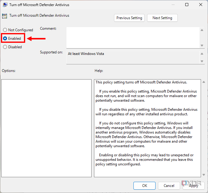 Screenshot of a Group Policy Editor policy set to Enabled to turn off Microsoft Defender