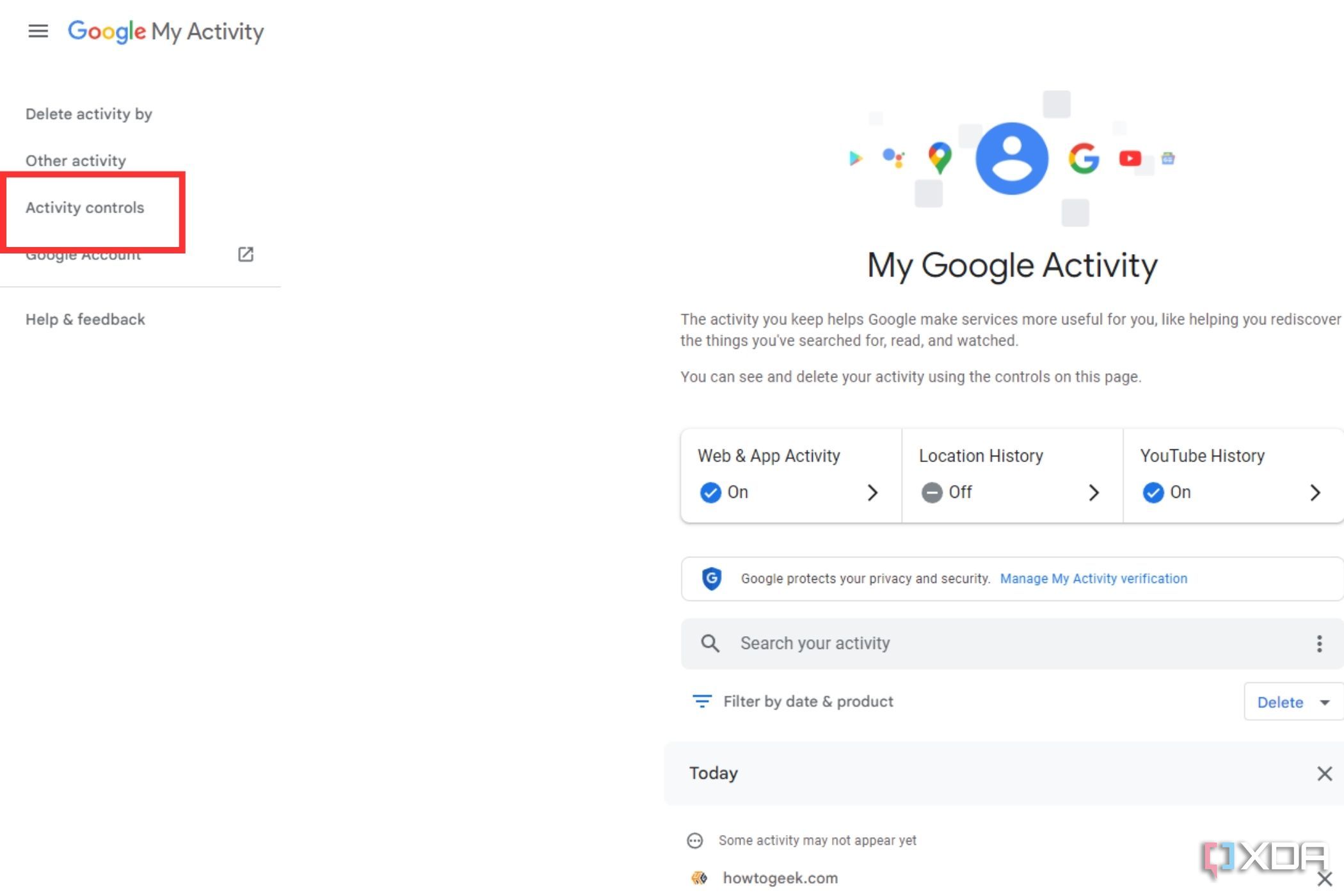 A screenshot showing the highlighted Activity controls in Google's My Activity window.