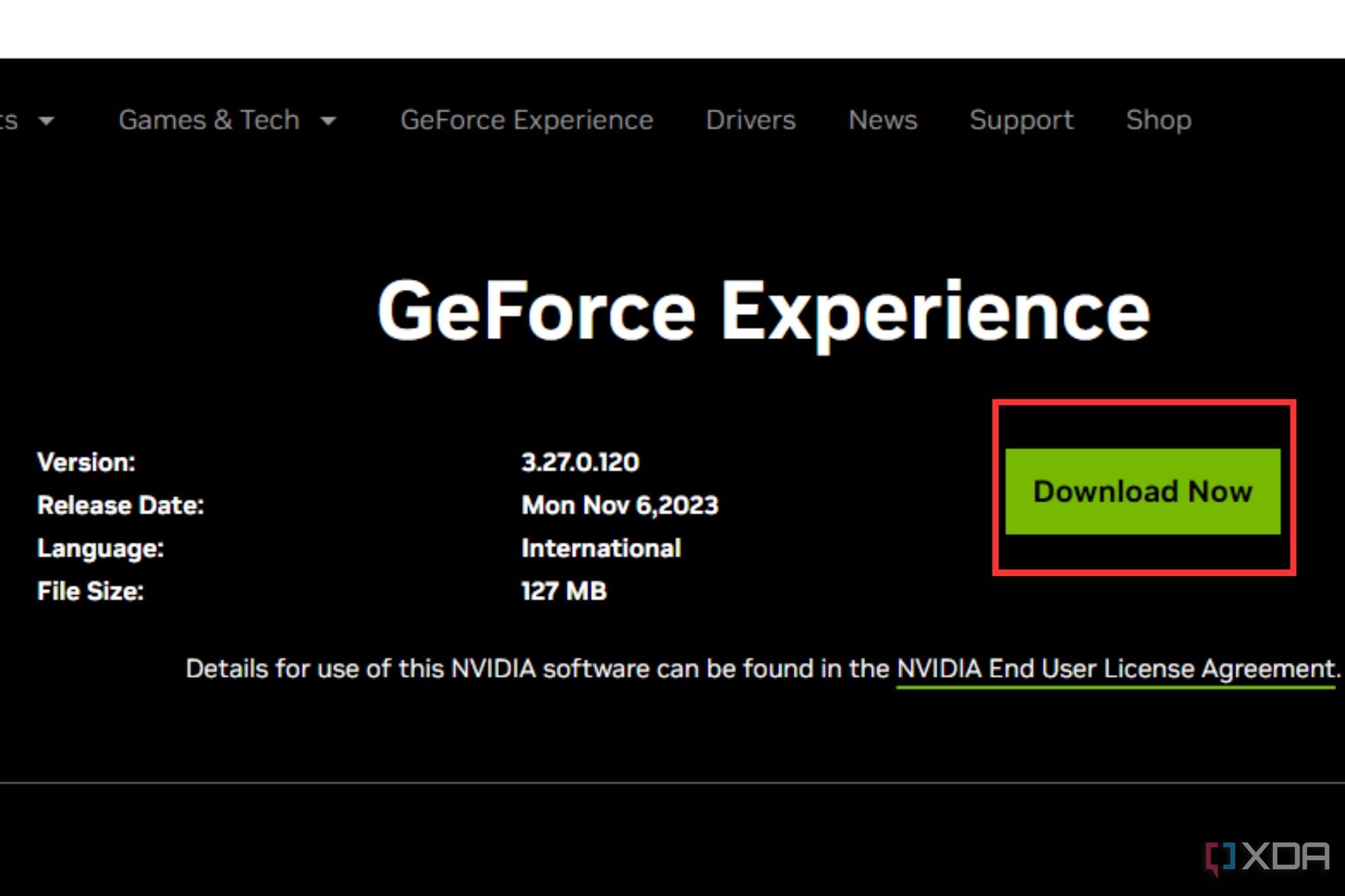 A screenshot showing the highlighted download button on the geforce experience website.