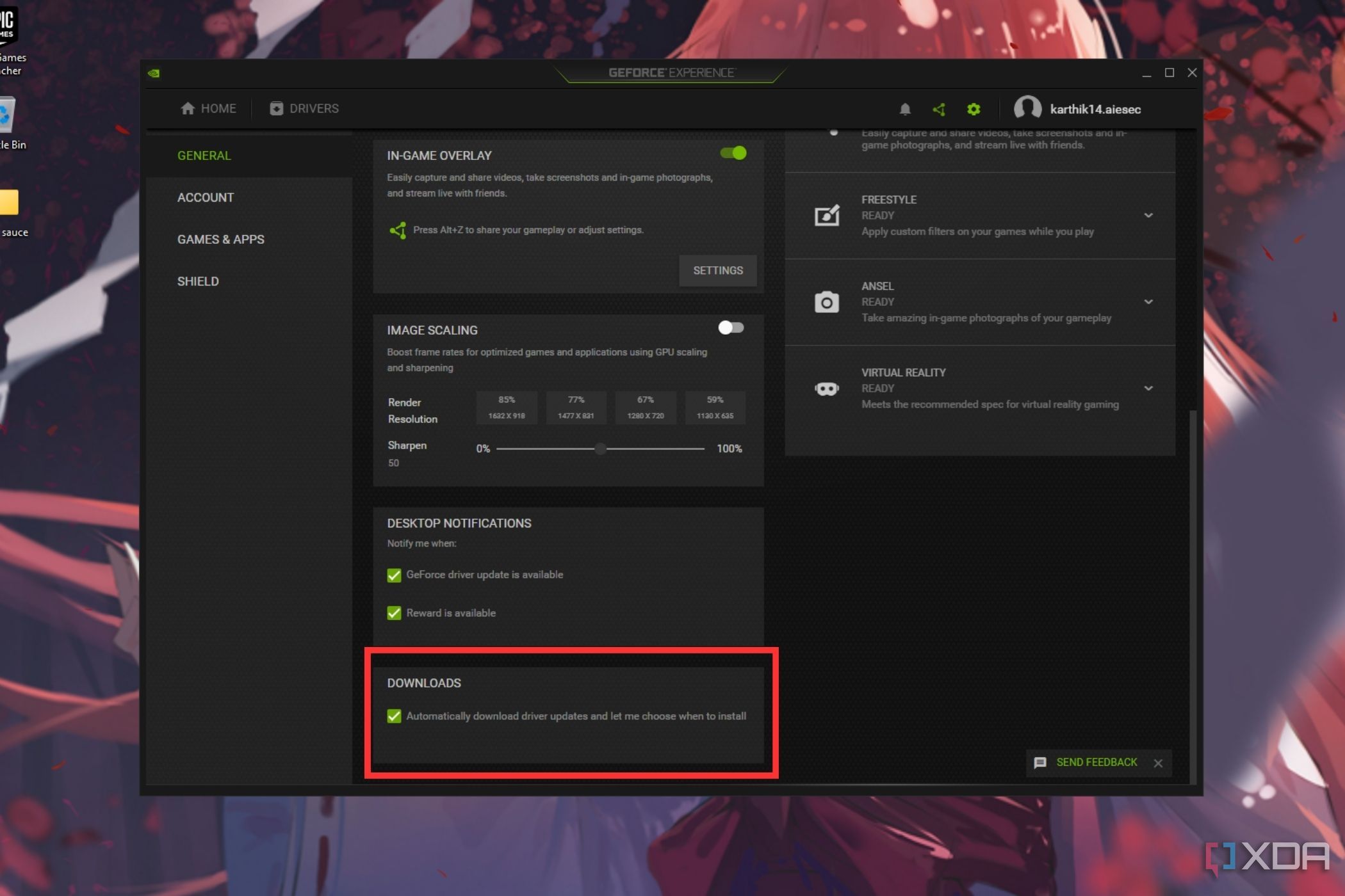 An image showing the highlighted Downloads section in GeForce Experience settings page.