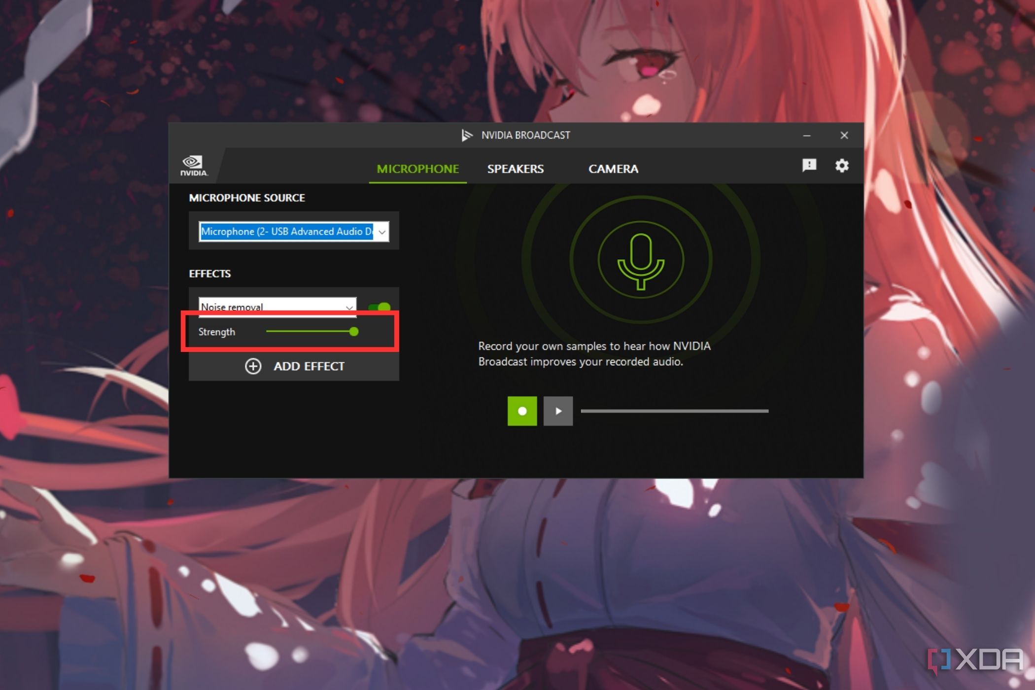 Una captura de pantalla que muestra el control deslizante de efectos resaltados en la aplicación Nvidia Broadcast para micrófono.