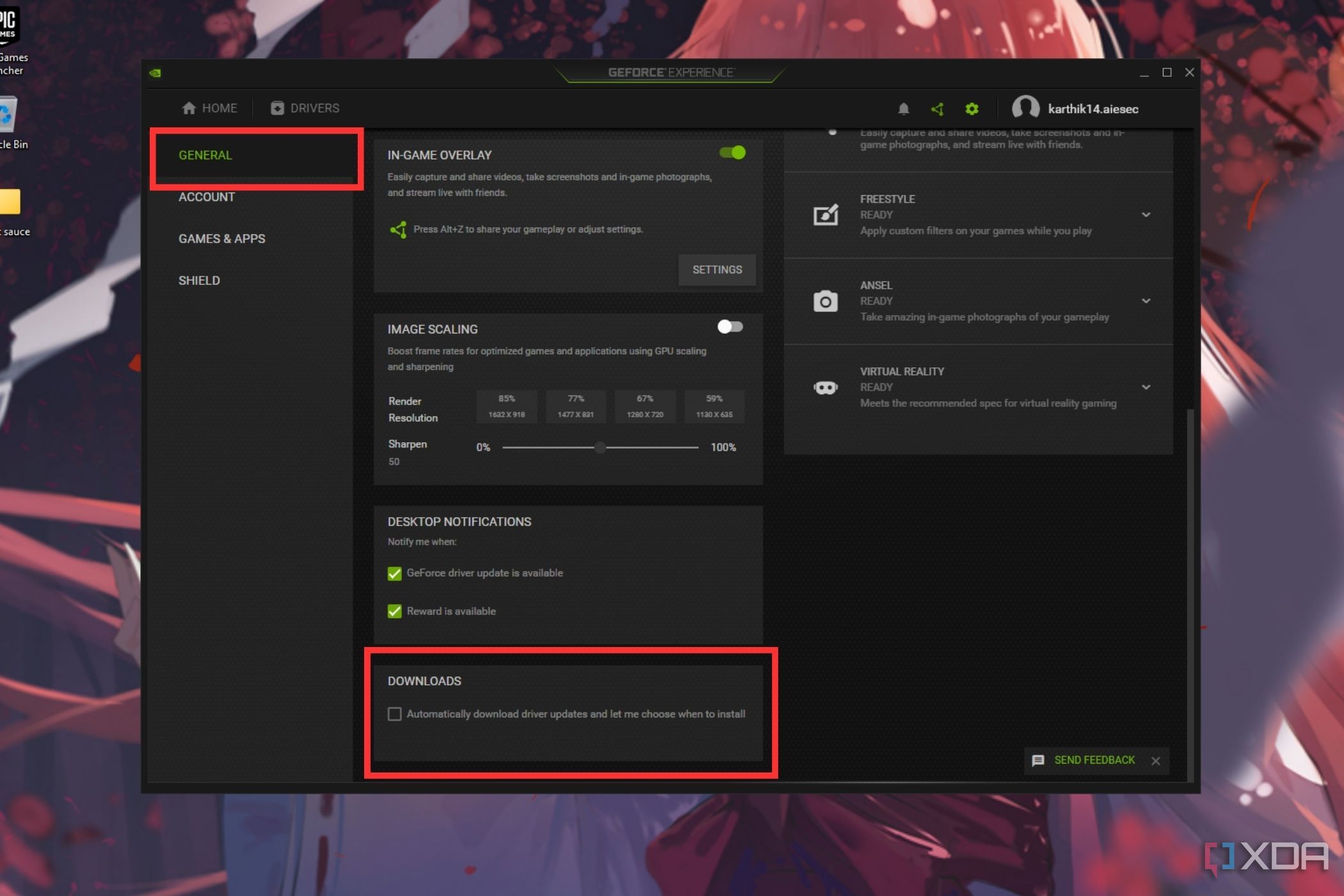An image showing the highlighted general tab and the downloads section in GeForce Experience settings page.