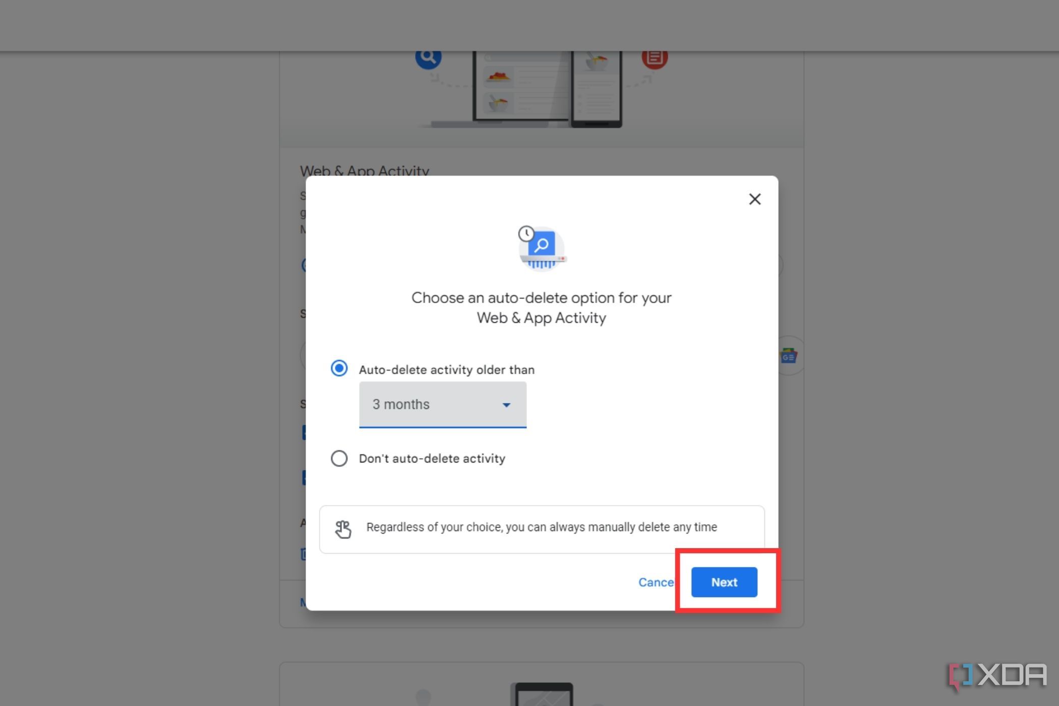 A screenshot showing the highlighted Next button in auto-delete pop-up window in Google's My Activity tab.