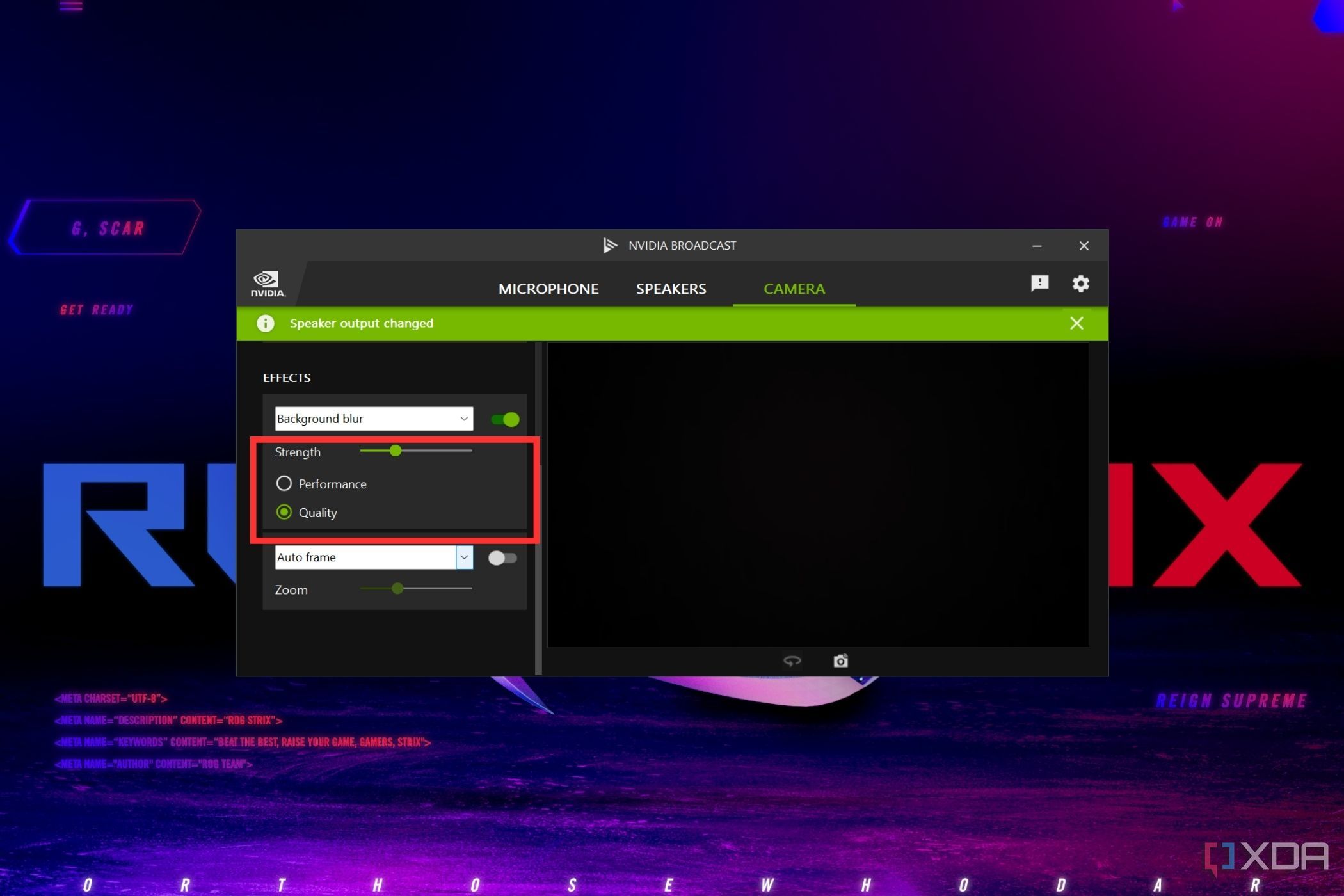 Una captura de pantalla que muestra las opciones de rendimiento y calidad resaltadas en la aplicación Nvidia Broadcast en la sección de cámara.