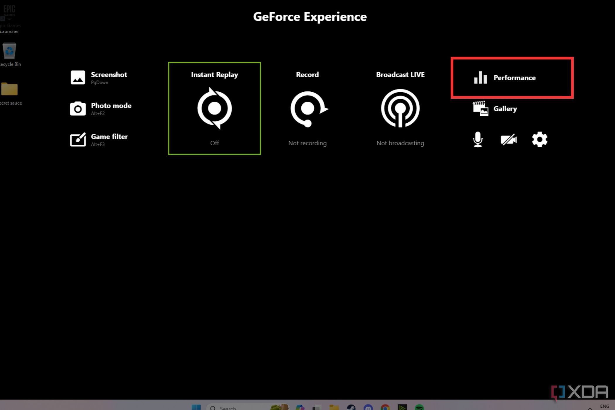 Снимок экрана, показывающий выделенную вкладку «Производительность» в наложении GeForce Experience.