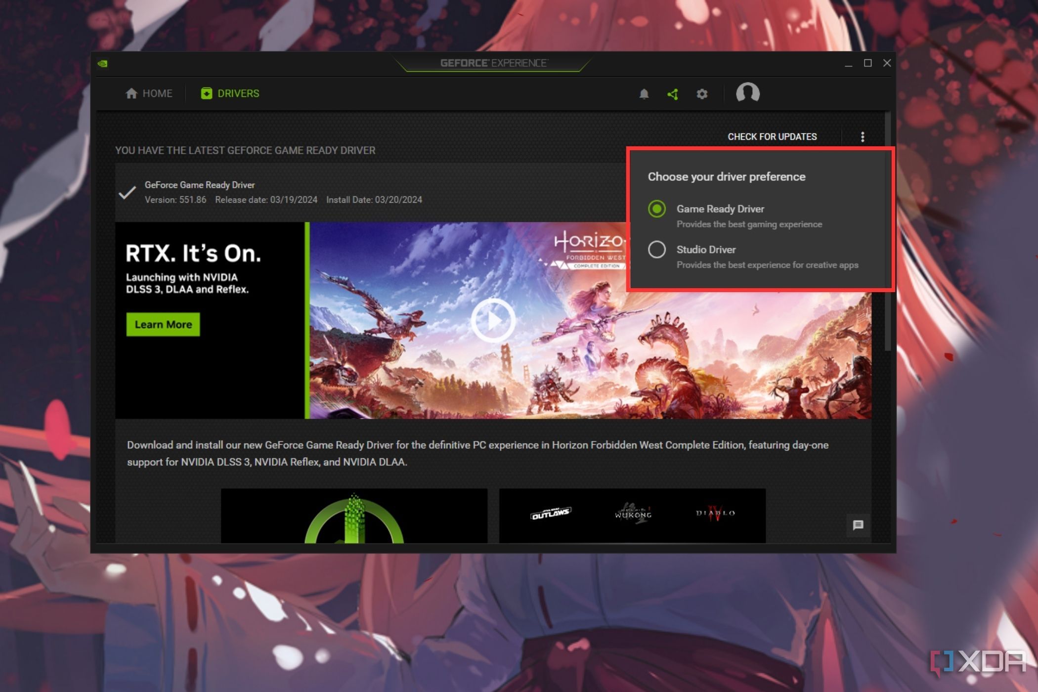 Una captura de pantalla que muestra el selector de palanca resaltado en Nvidia GeForce Experience.