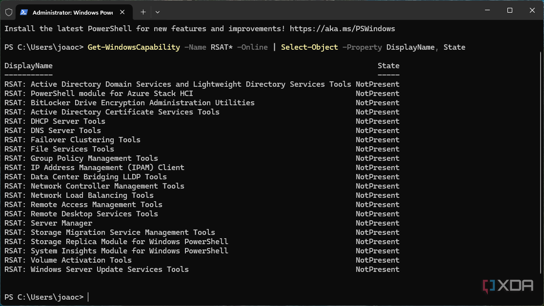 Screenshot of Windows Terminal showing a list of RSAT features available to install on the PC