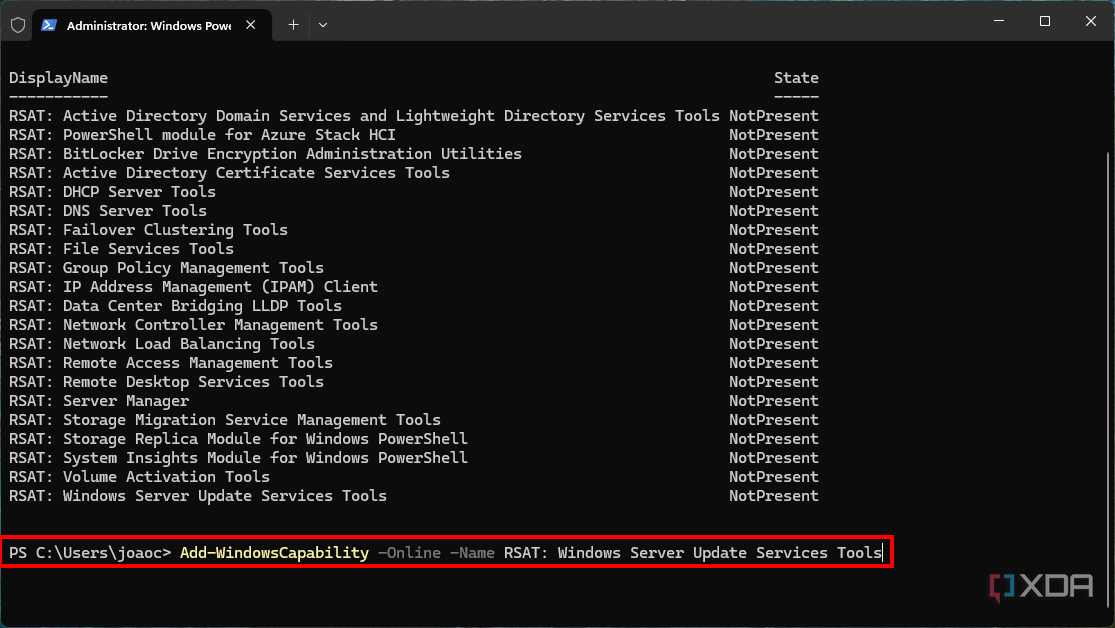 Screenshot of Windows Terminal with a command to install a specific RSAT feature in Windows 11