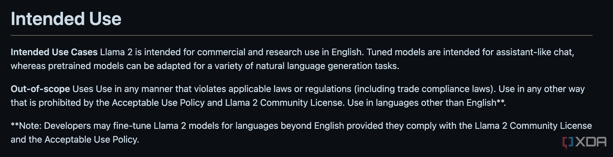 El uso previsto de Meta para LlaMa 2 es solo en inglés.