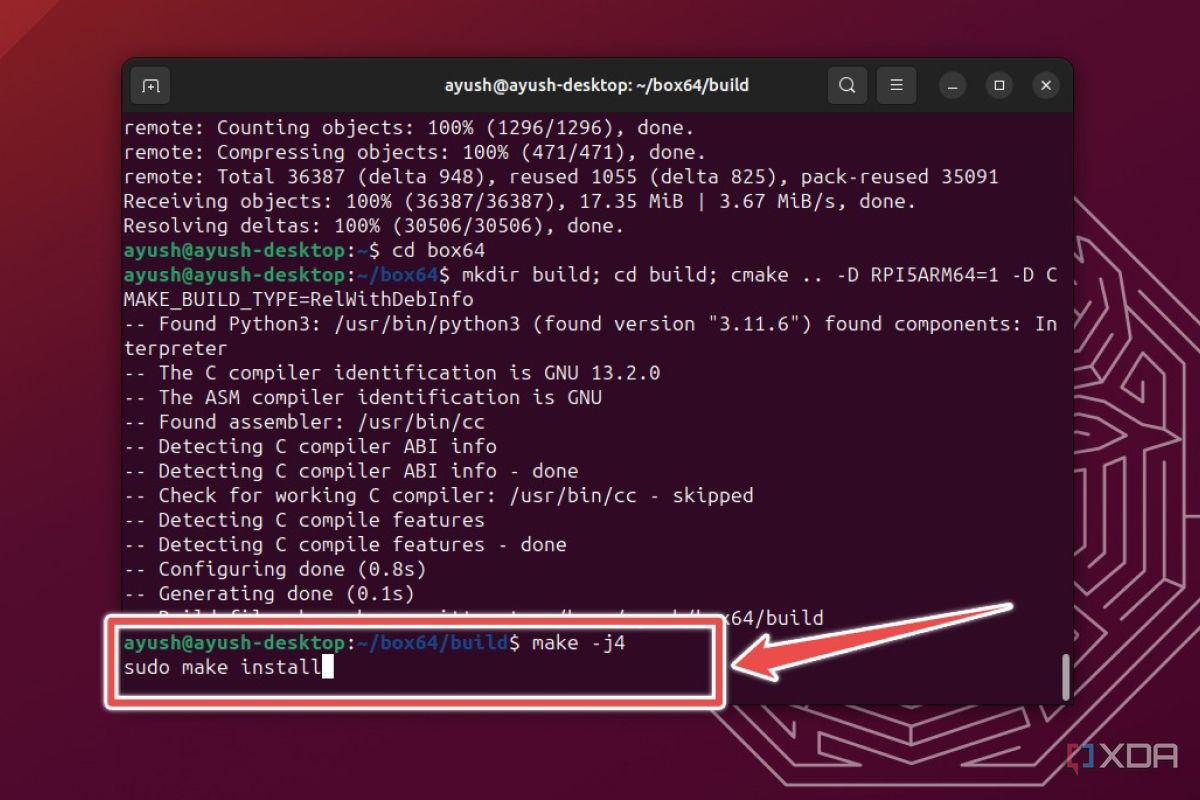 La terminal de Ubuntu que muestra los comandos make -j4 y make install