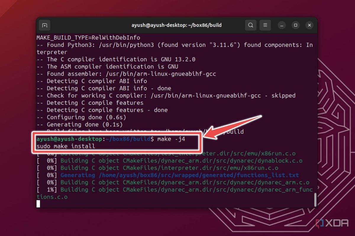 La terminal de Ubuntu con los comandos make -j4 y make install resaltados