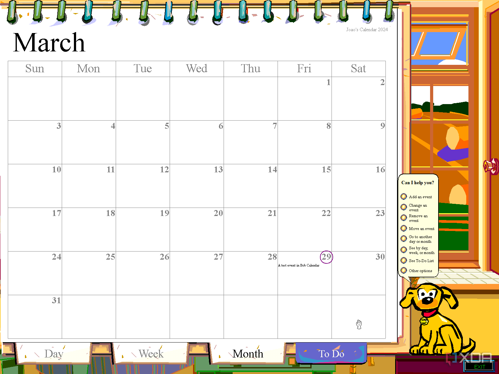 Captura de pantalla del calendario Microsoft Bob en vista mensual