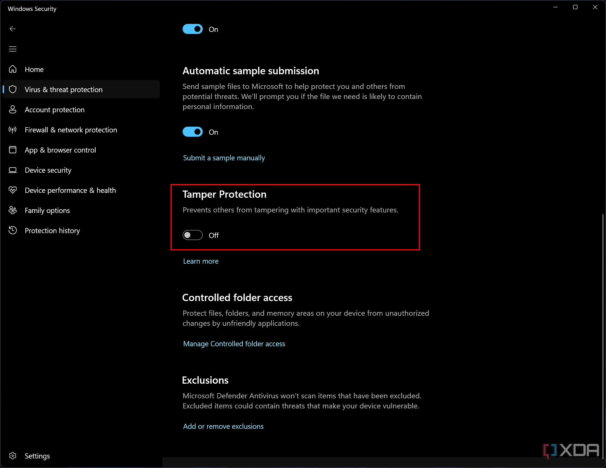 Screeshot of Microsoft Defender with Tamper Protection disabled