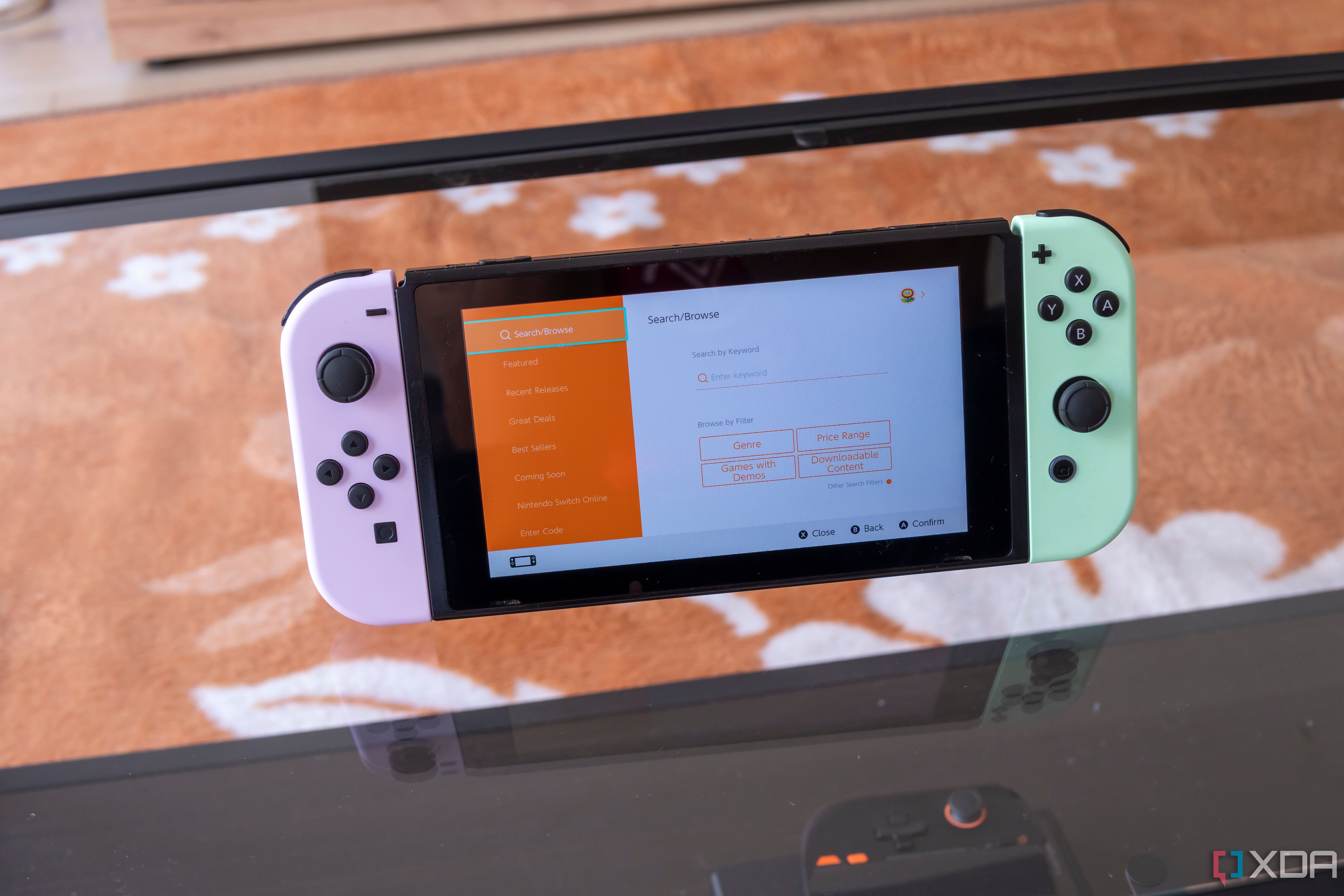 A Nintendo Switch showing the search feature on the eShop