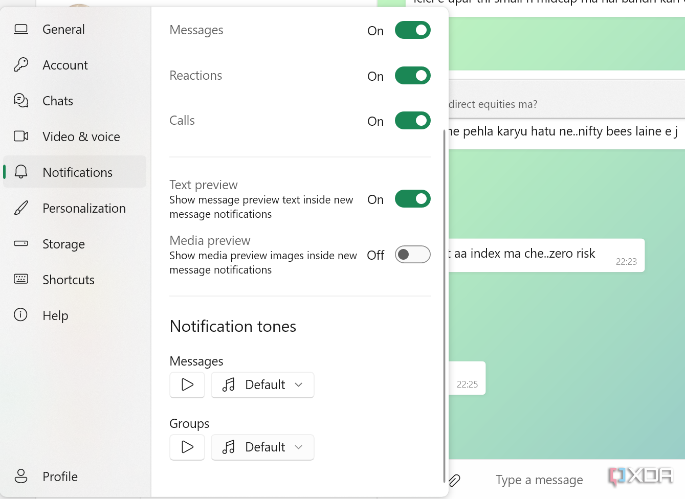 WhatsApp notification settings on Windows