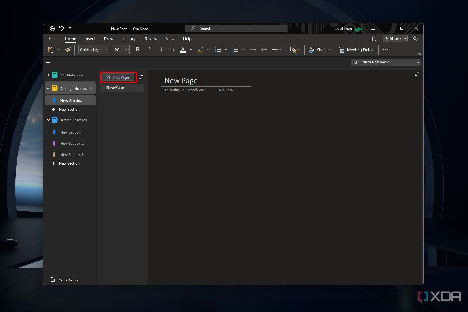 Снимок экрана Windows 11, на котором выделена кнопка «Добавить страницу» в приложении OneNote.
