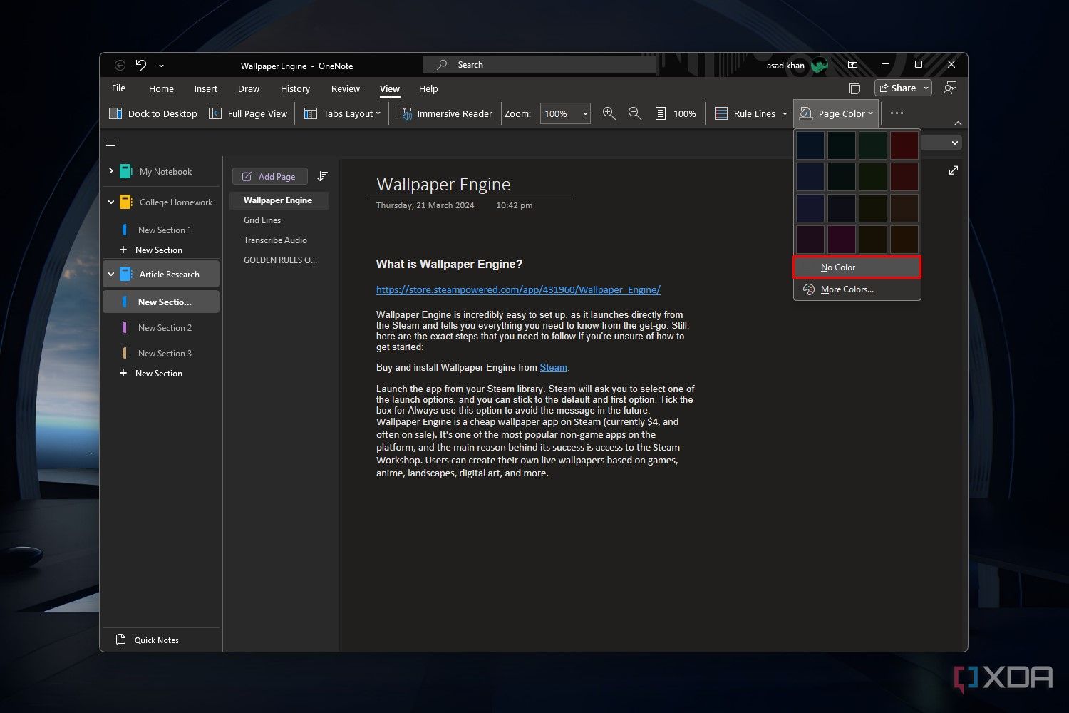 Снимок экрана Windows 11, на котором показана возможность сброса цвета страницы в приложении OneNote.