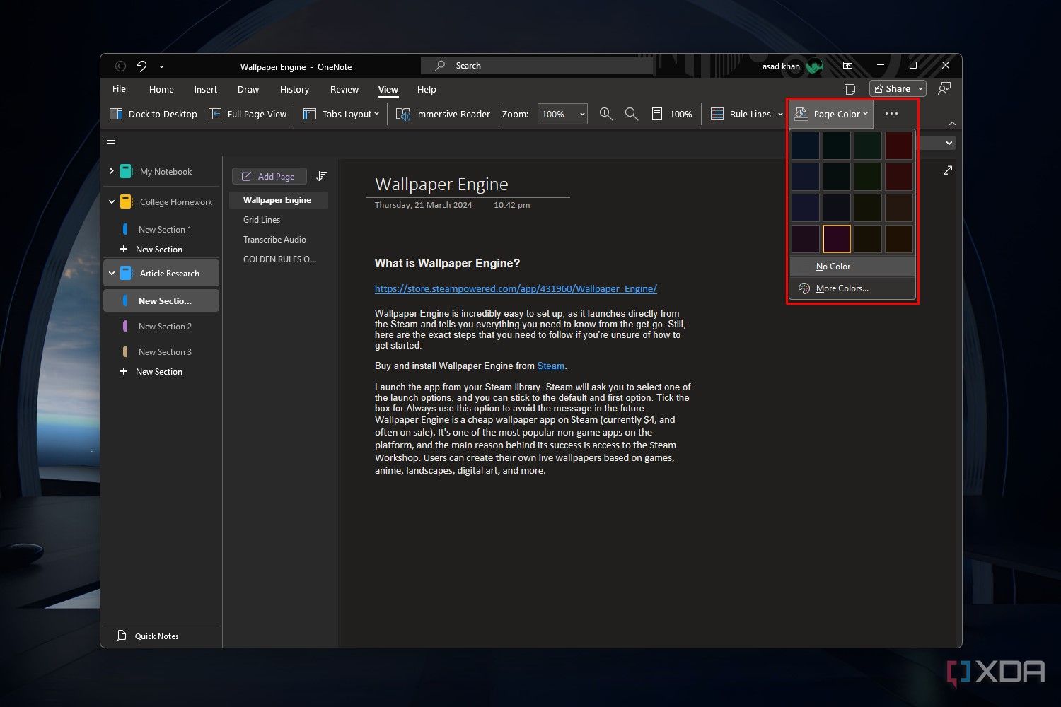 Снимок экрана Windows 11, на котором показаны параметры цвета страницы в приложении OneNote.