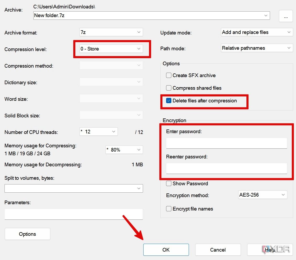 Opciones de cifrado de la aplicación Z-Zip