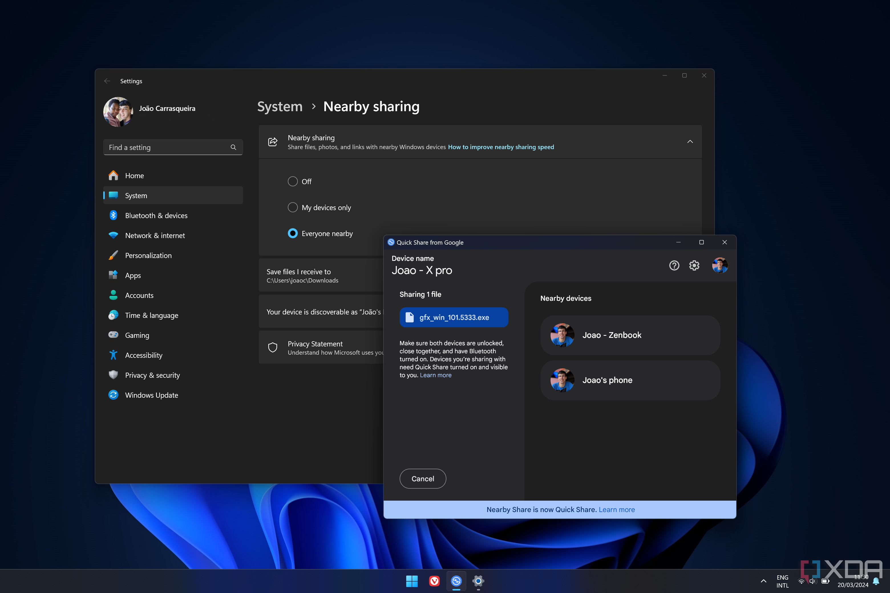 Screenshot of QUick Share for Windows and Nearby Sharing settings open side by side