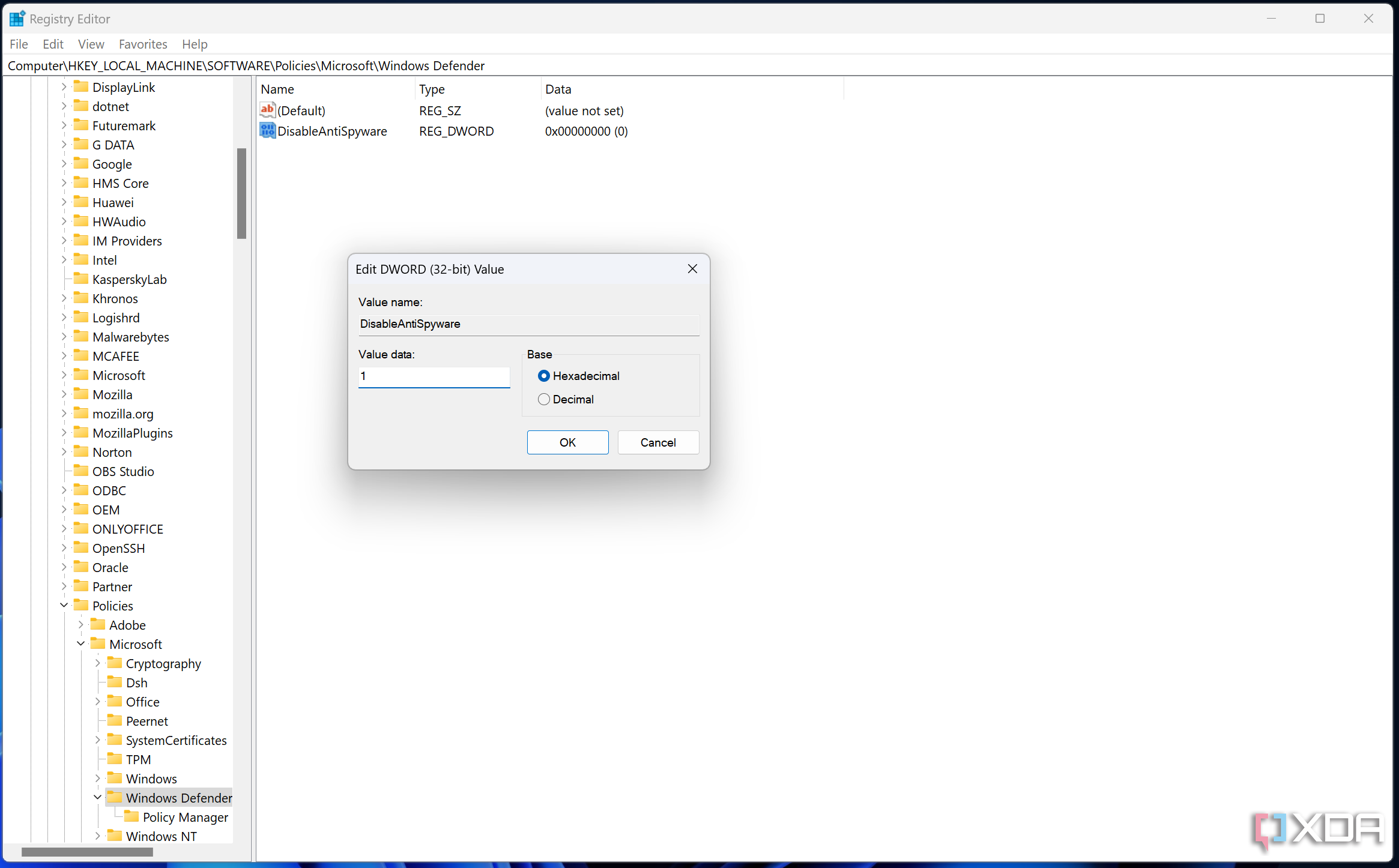 Screenshot of a value's properties in Registry Editor to disable Microsoft Defender