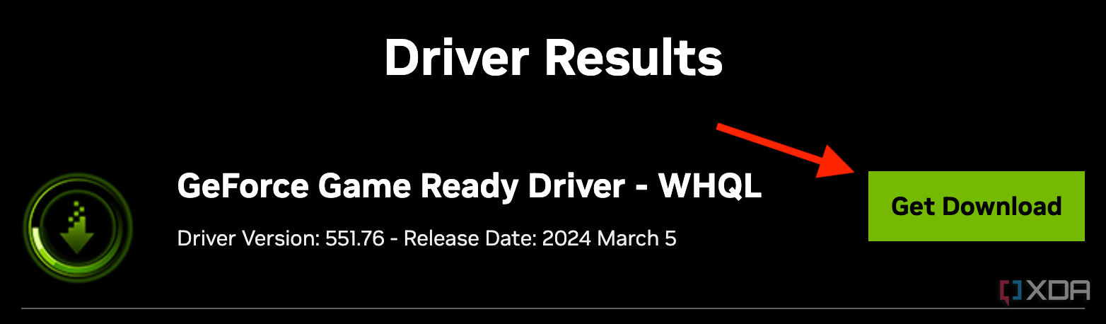 La sección Resultados del controlador del sitio web de Nvidia que muestra el último controlador GeForce