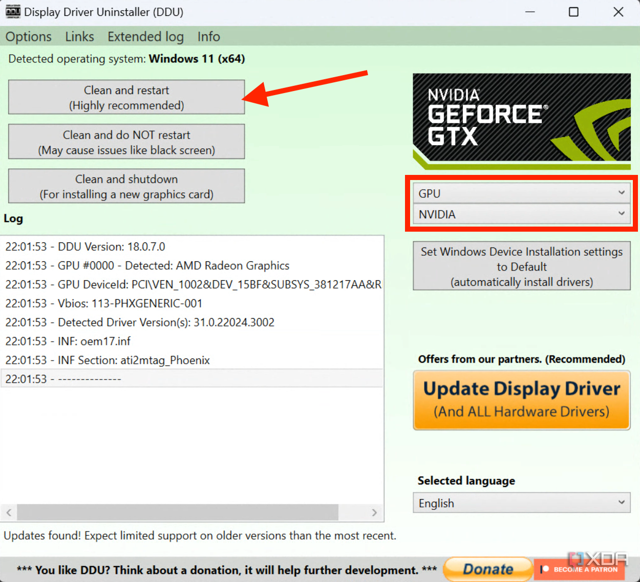 Desinstalador de controladores de pantalla en Windows 11 con opción de limpiar controladores de GPU