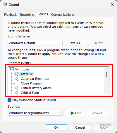 Captura de pantalla del panel de Sonido de Windows 11 con la pestaña Sonidos abierta