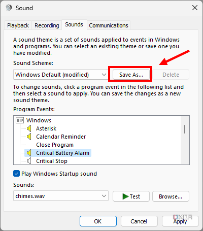 Captura de pantalla de la configuración del esquema de sonido con la opción de guardar el esquema como un archivo nuevo