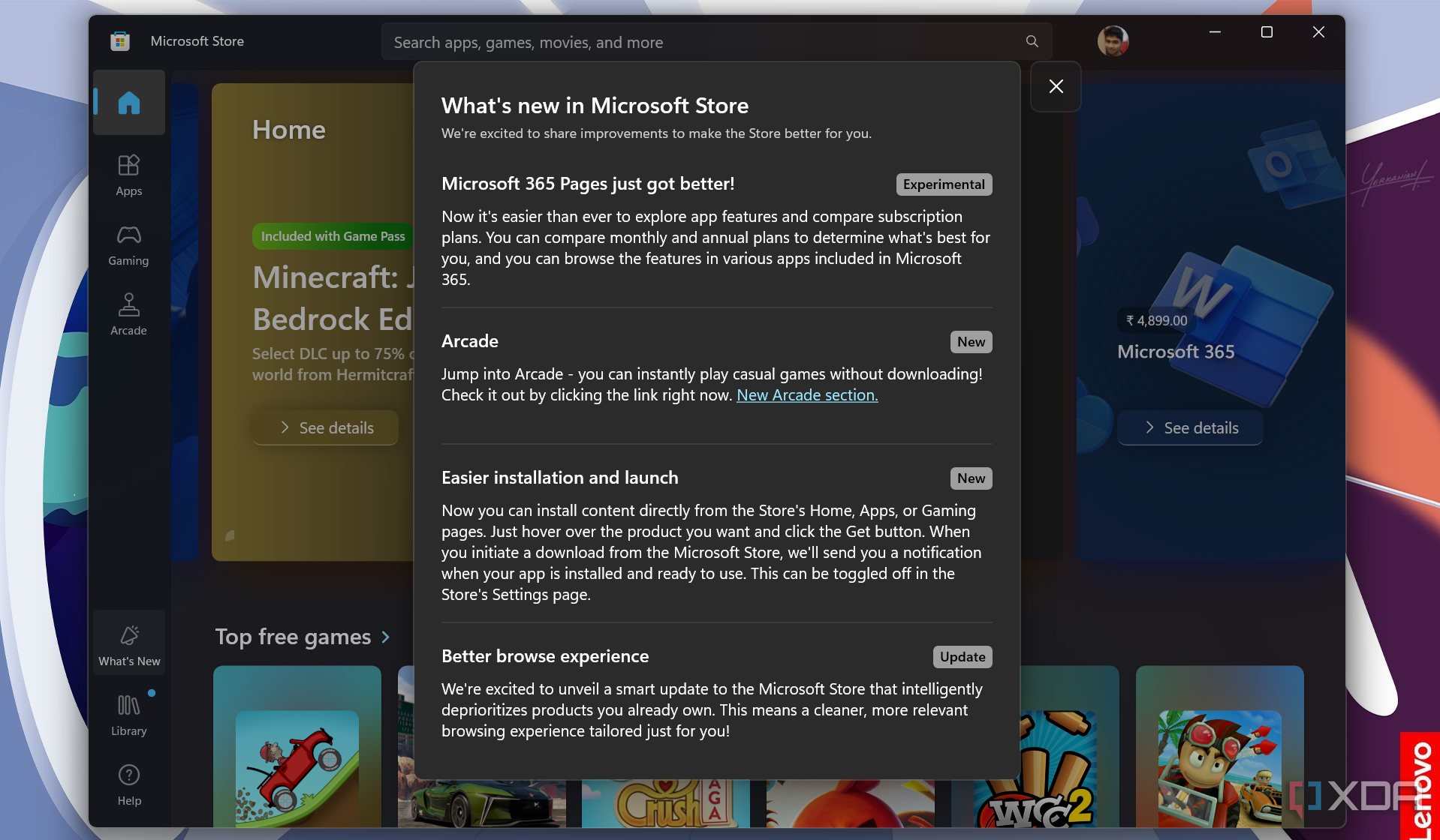 Screenshot showing the latest changes in the Microsoft Store app