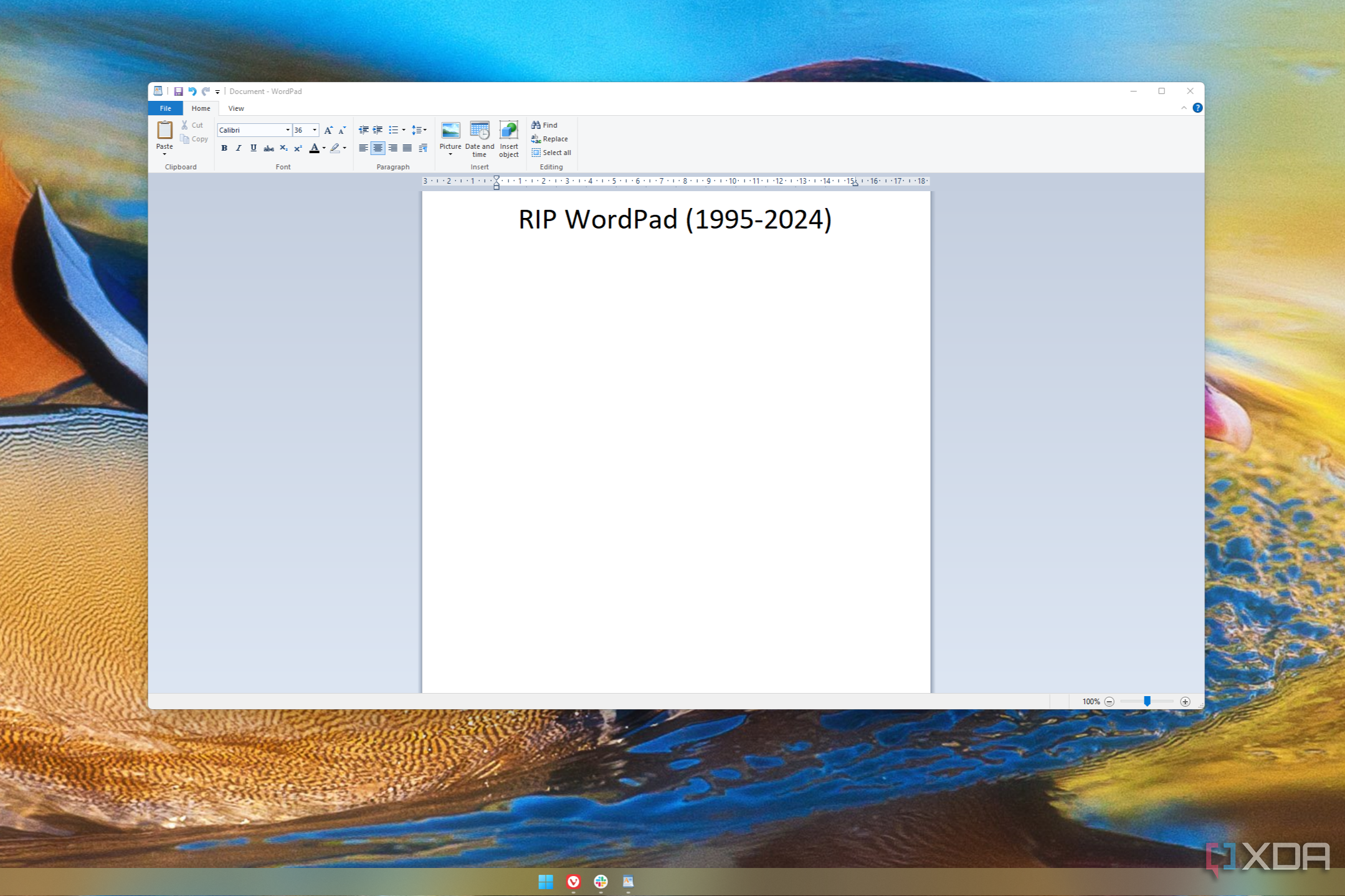 Screenshot of WordPad on Windows 11 with text reading RIP WordPad