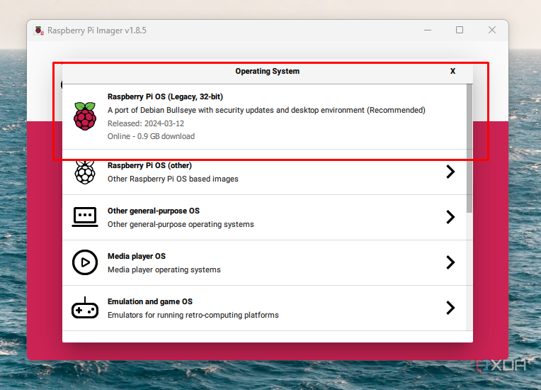 Screenshot of the Raspberry Pi Imager OS select.