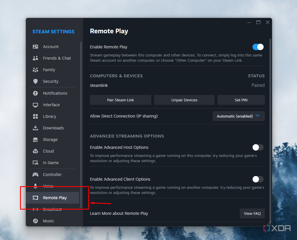 Screenshot showing how to access settings for Steam Remote Play.